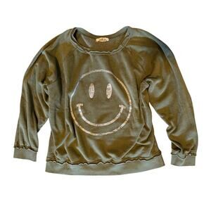 La Biz Smiley Face Crewneck Oversized Sweatshirt in Olive, OS